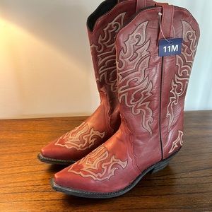 Tooled red leather cowboy boots